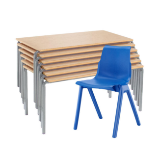 Blue Ergostak Chair with 6 Stacked Crush Bent Tables