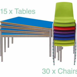 Stack of Blue Classroom Tables & NP Chairs