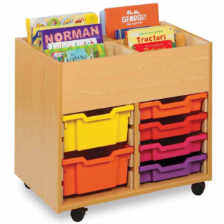 Dual Sided Wooden Book Display Unit with 6 Trays and Top Storage