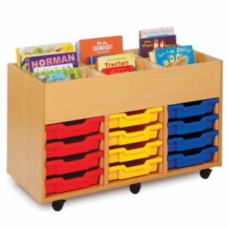 Dual Sided Wooden Book Display Unit with 12 Trays and Top Storage