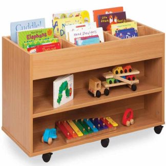 Dual Sided Wooden Book Display Unit with 2 Shelves and Top Storage